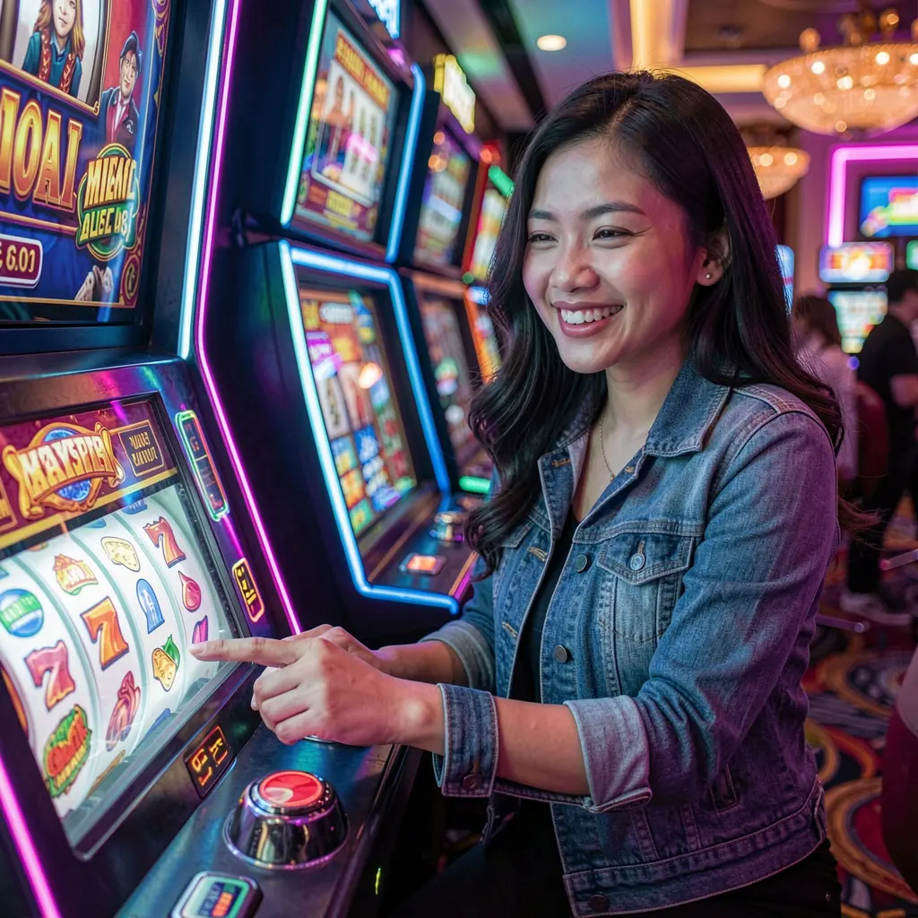 Happy Filipino woman enjoying vibrant slot machine gameplay with glowing reels and neon casino lights at BONUSJL online casino